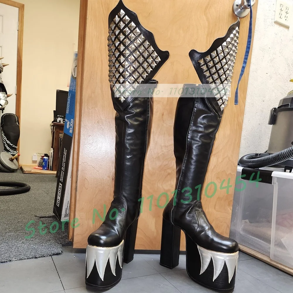 Cosplay Flame Prop - Schwarz Kniehohe Plattform Dämon Stiefel Männer
